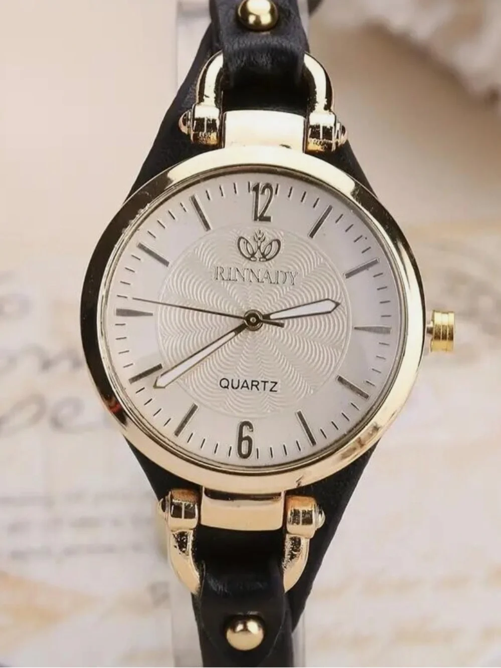 Anthropologie Gold-Tone Round Watch with Black Strap